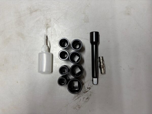 Hulk impact wrinch (950NM torque) with 8 piece of sockets and 1 piece of 5inch extention and 1 piece (1/4) of adopter
